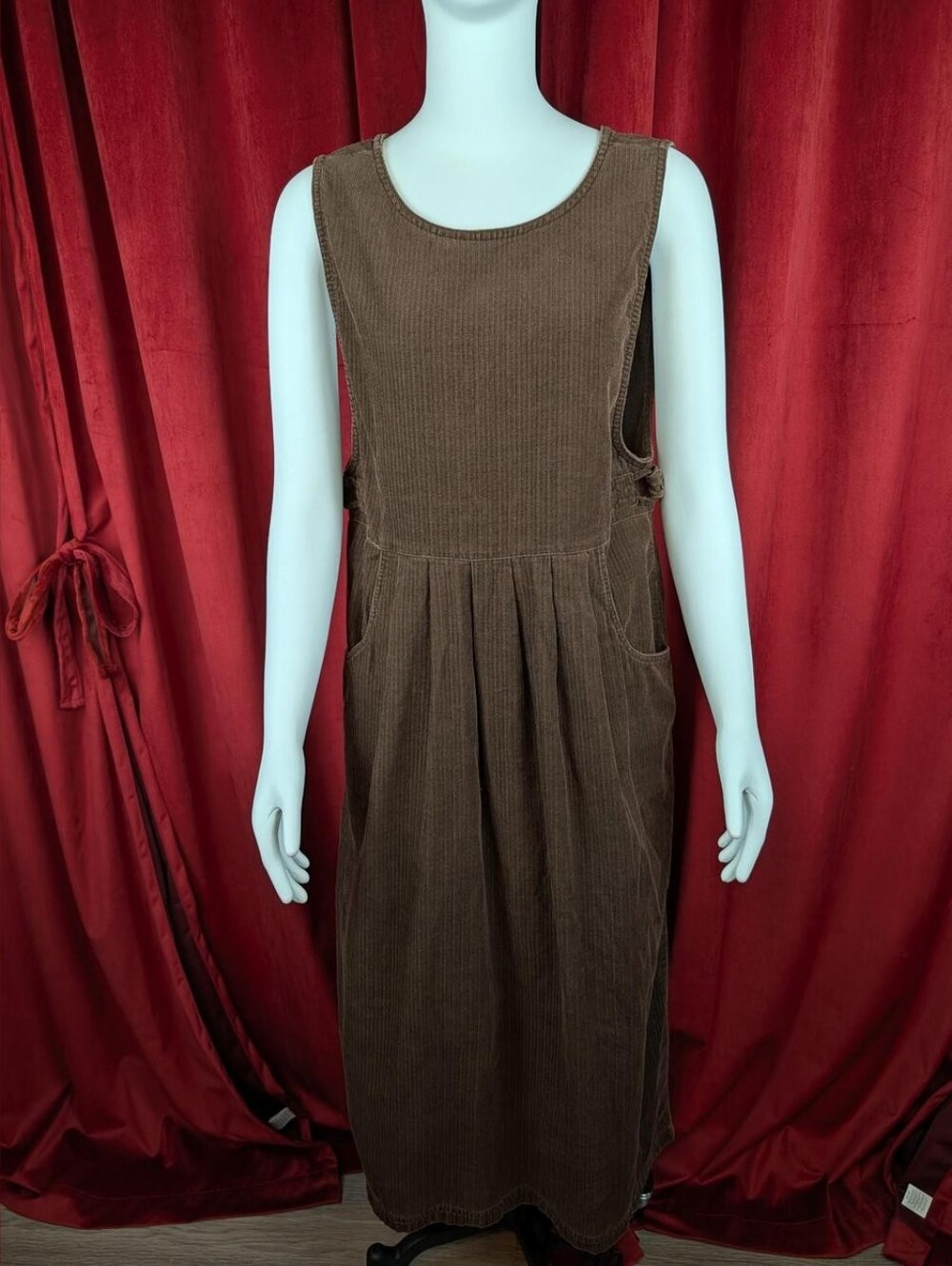 Vintage 90's Erika Chocolate Brown 100% Cotton Corduroy Pinafore Midi Dress